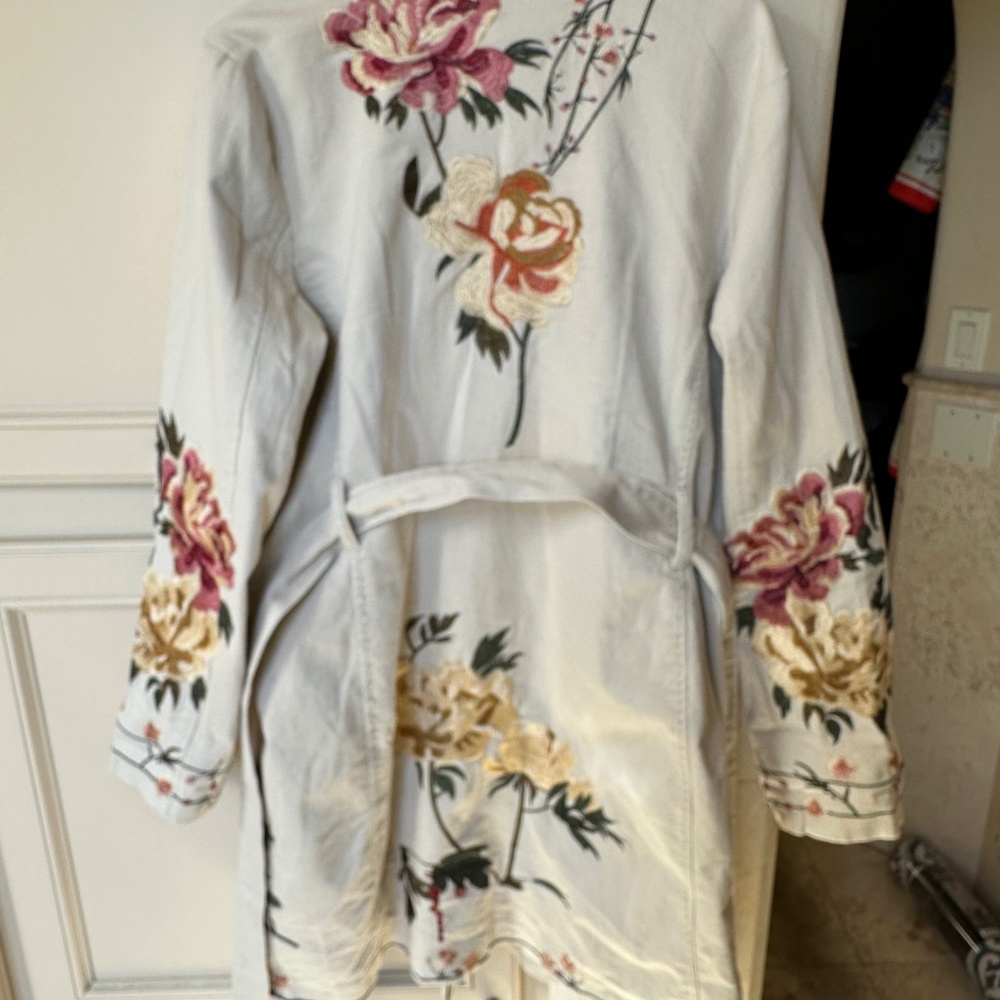 Carmen by Dance in Paris Vintage Embroidered Floral Denim Trench Coat